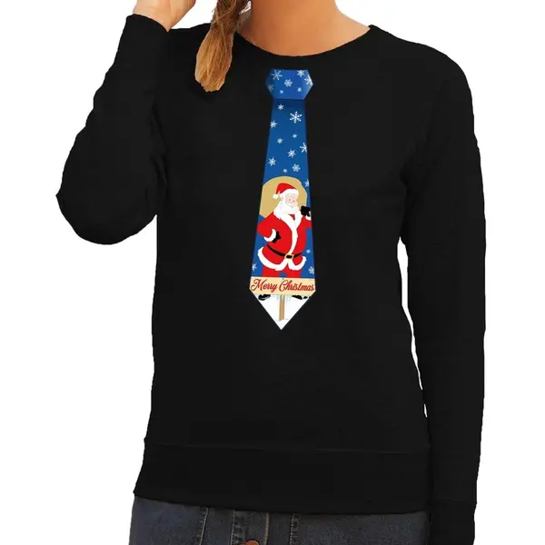 Bellatio Decorations Foute Kersttrui / Sweater Stropdas Met Kerstman Print Zwart Voor Dames Xl thumbnail