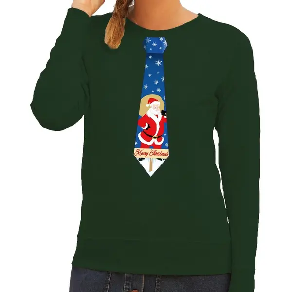 Bellatio Decorations Foute Kersttrui / Sweater Stropdas Met Kerstman Print Groen Voor Dames M thumbnail