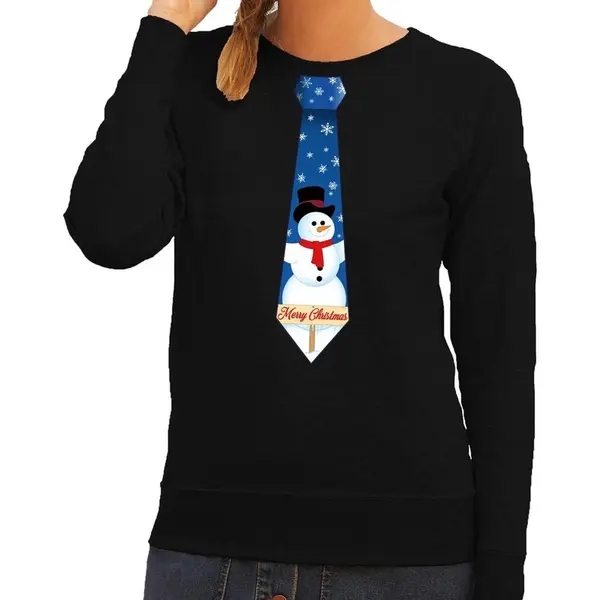 Bellatio Decorations Foute Kersttrui / Sweater Stropdas Met Sneeuwpop Print Zwart Voor Dames Xl thumbnail