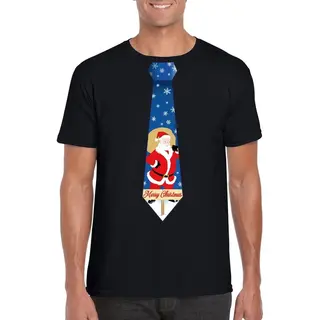 Bellatio Decorations Foute Kersttrui T-shirt - Voor Heren - Zwart - Met Stropdas Kerstman Print - Kerstdiner Kleding - Korte Mouwen Xxl