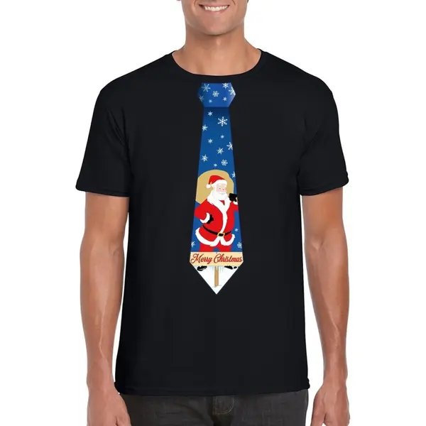 Bellatio Decorations Foute Kersttrui T-shirt - Voor Heren - Zwart - Met Stropdas Kerstman Print - Kerstdiner Kleding - Korte Mouwen Xxl thumbnail