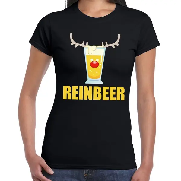 Bellatio Decorations Foute Kersttrui T-shirt - Reinbeer - Zwart - Voor Dames - Drank Thema - Korte Mouwen Xl thumbnail