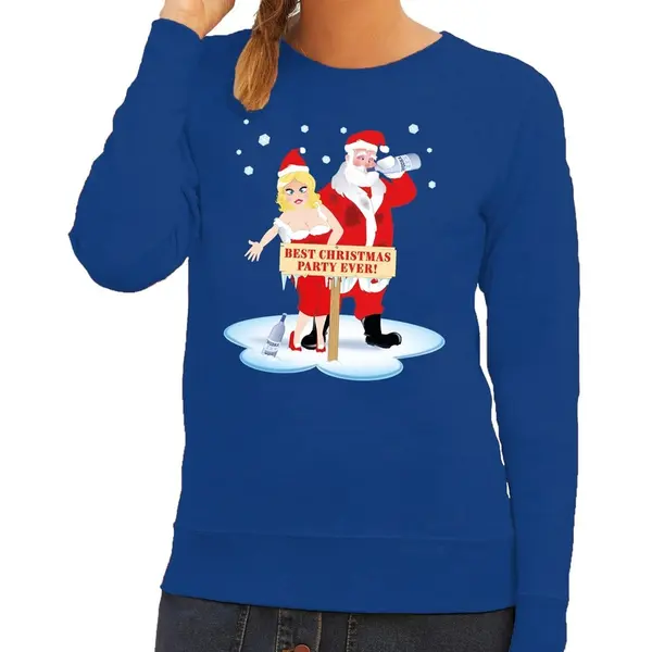 Bellatio Decorations Foute Kersttrui - Sweater - Dronken Kerstman En Kerstvrouw - Na Kerstborrel - Blauw - Dames - Kersttruien Xs thumbnail