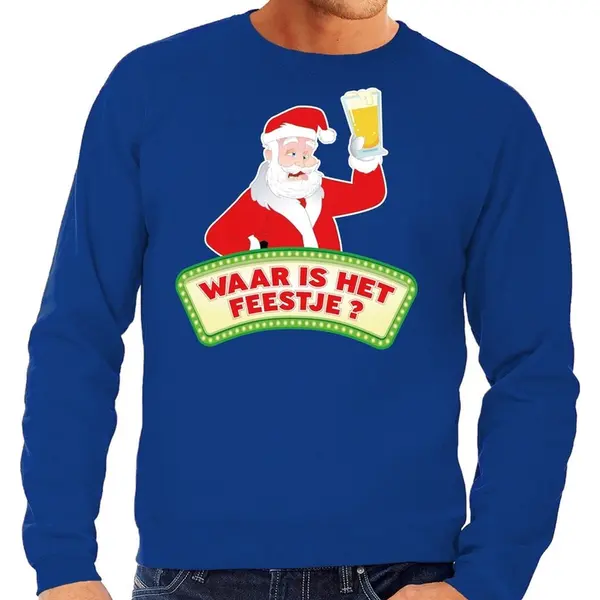 Bellatio Decorations Foute Kersttrui / Sweater Voor Heren - Blauw - Dronken Kerstman Met Biertje L thumbnail