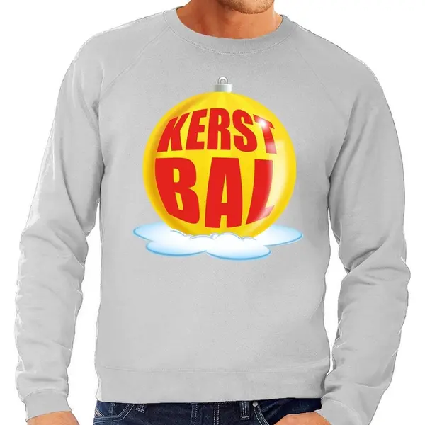 Bellatio Decorations Foute Kersttrui Kerstbal Geel Op Grijze Sweater Voor Heren - Kersttruien L thumbnail