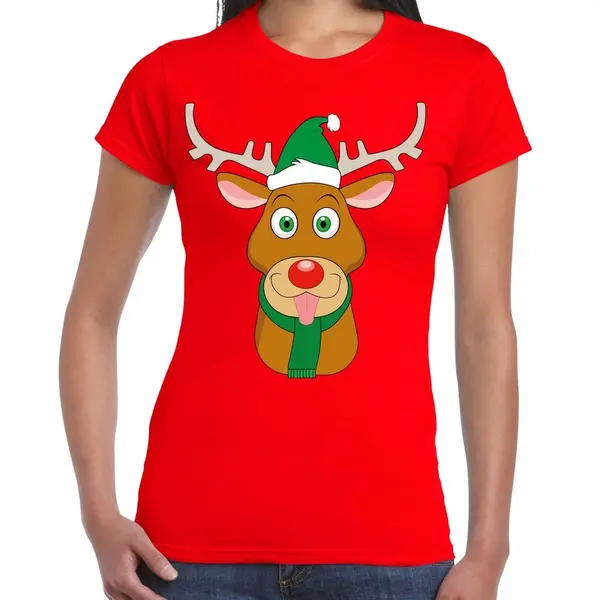 Bellatio Decorations Foute Kerst T-shirt - Rendier Rudolf - Groene Kerstmuts - Rood - Voor Dames M thumbnail
