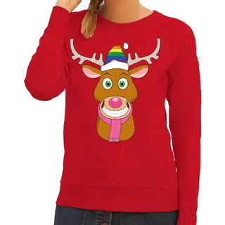 Bellatio Decorations Foute Kersttrui / Sweater Gay Ruldolf Met Regenboog Muts En Roze Sjaal Rood Voor Dames - Kersttruien L
