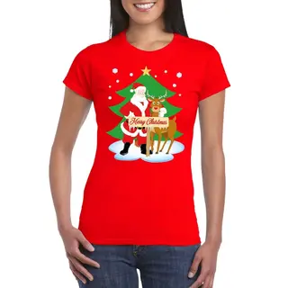 Bellatio Decorations Foute Kerst T-shirt Trui - Kerstman En Rendier Rudolf - Rood - Voor Dames - Kerstkleding Xs