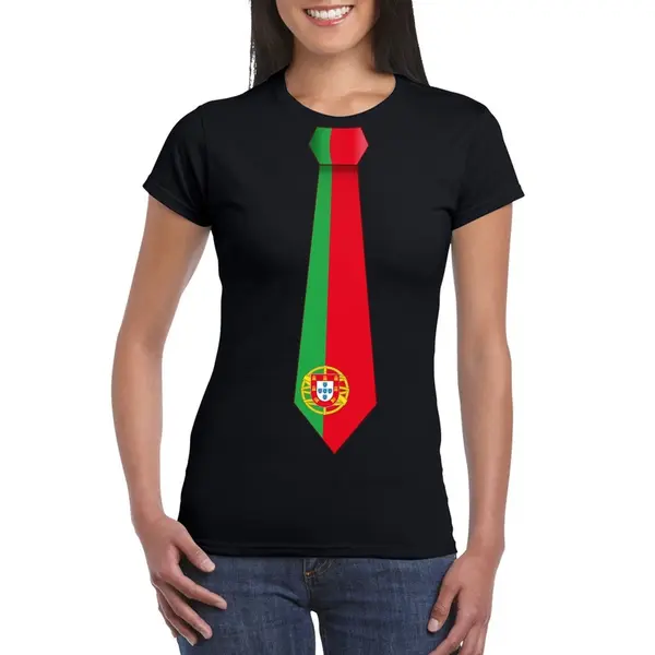Bellatio Decorations Zwart T-shirt Met Portugese Vlag Stropdas Dames - Portugal Supporter Xs thumbnail