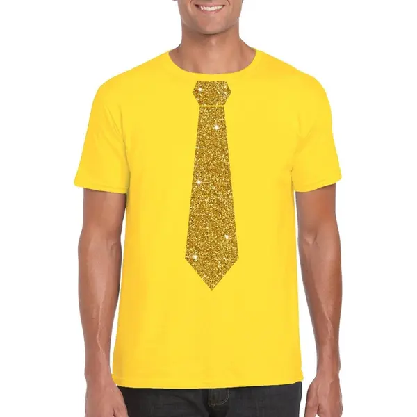 Bellatio Design Geel Fun Verkleedkleding T-shirt - Met Stropdas - In Glitter Goud - Heren - Korte Mouwen - Carnaval - Vip - Glamour Xl thumbnail