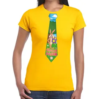 Bellatio Decorations Geel Paas T-shirt Met Paashaas Stropdas - Pasen Shirt Voor Dames - Pasen Kleding L