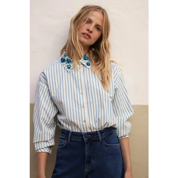 Jansen Amsterdam Micky Blouse Sa 751 Stripe Long Sleeve Sequins At Collar Dames - Jurken - Wit - Maat 38 thumbnail