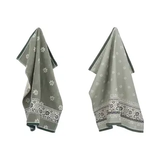 Luxe Keukendoek En Theedoek Belle Fleur Donkergroen - Bunzlau Castle - 100% Biologisch Gots Katoen - Keukentextiel Set