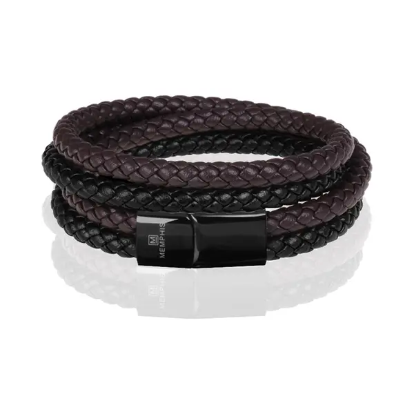 Memphis Dubbele Wrap Armband Duo Leer Bruin Zwart-22cm thumbnail