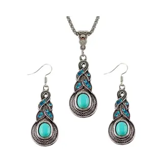 Fako Bijoux® - Sieradenset - Tibetaanse Stijl - Zilverkleurig - Pendule - Turquoise