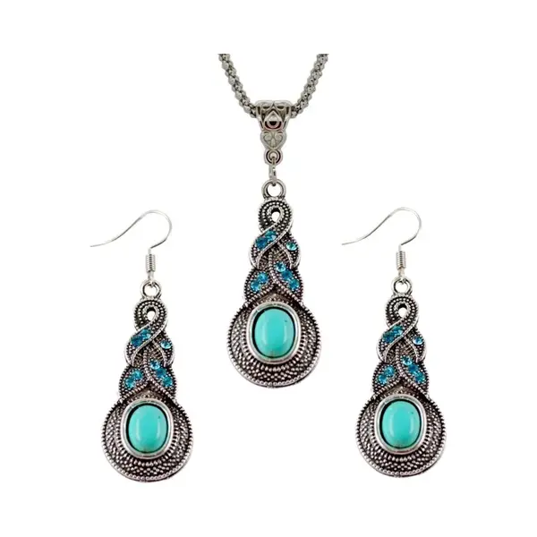 Fako Bijoux® - Sieradenset - Tibetaanse Stijl - Zilverkleurig - Pendule - Turquoise thumbnail