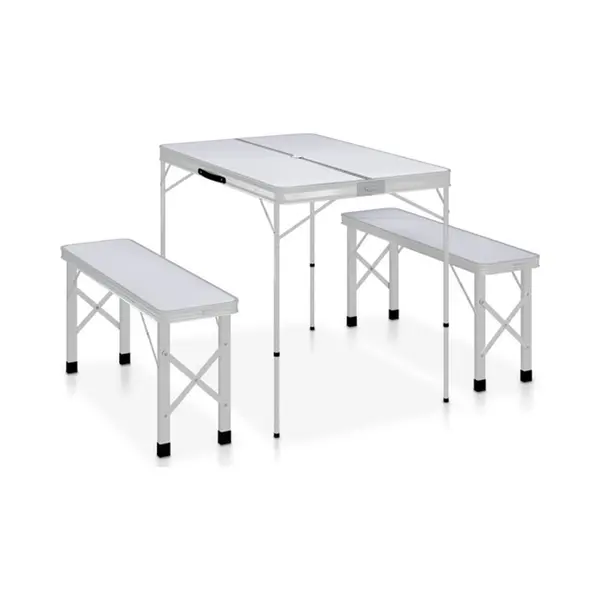 VidaXL - Campingtafel - Inklapbaar - Met - 2 - Banken - Aluminium - Wit thumbnail