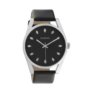 Oozoo Timepieces - Zilverkleurige Horloge Met Zwarte Leren Band - C10818 - Ø45