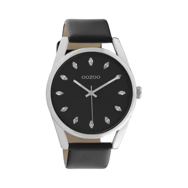 Oozoo Timepieces - Zilverkleurige Horloge Met Zwarte Leren Band - C10818 - Ø45 thumbnail