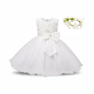 La Señorita Communie Jurk/Bruidsmeisjes Jurk En Bloemenkrans - Wit - Maat 116/122 (130) Prinsessen - Feestkleding - Verjaardag
