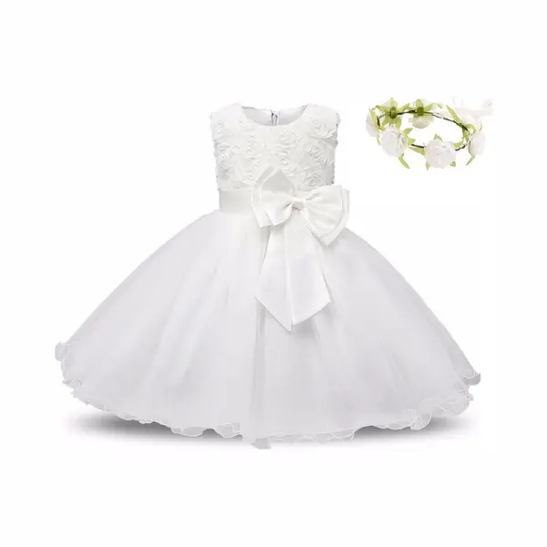 La Señorita Communie Jurk/Bruidsmeisjes Jurk En Bloemenkrans - Wit - Maat 116/122 (130) Prinsessen - Feestkleding - Verjaardag thumbnail