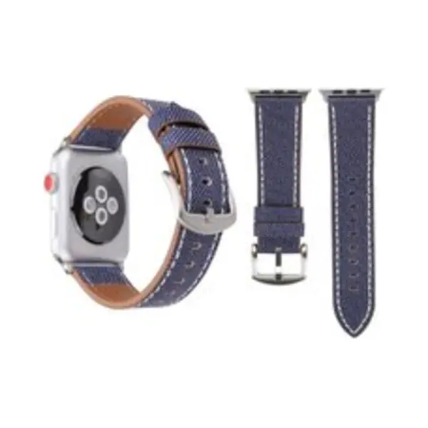 By Qubix Denim Pattern Echt Leren Bandje - Donker Blauw - Geschikt Voor Apple Watch 44 Mm - 45 Mm - 46 Mm - 49 Mm (Ultra 1, 2 En 3) - Compatible Apple thumbnail