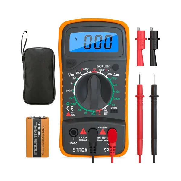 Strex - Digital-Multimeter - Ac / Dc - Inkl. 9V Duracell-Batterie/ Zange & Aufbewahrungskoffer - Schwarz/Orange thumbnail