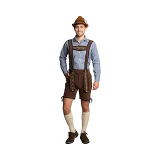 Korte Lederhose + Blouse Set Incl Bretels Oktoberfest Heren Carnavalskleding Heren Lederhosen Man - Bruin/Blauw - L - Polyester