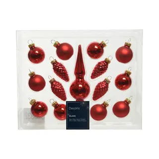 Decoris Kerstballenset Mini Glas Rood 15-delig