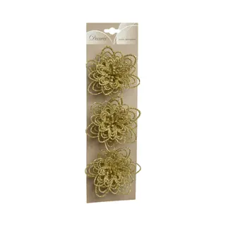 Decoris Kerstboomversiering Bloemen - 3x Stuks - 11 Cm - Goud Glitter - Op Clip - Ornament