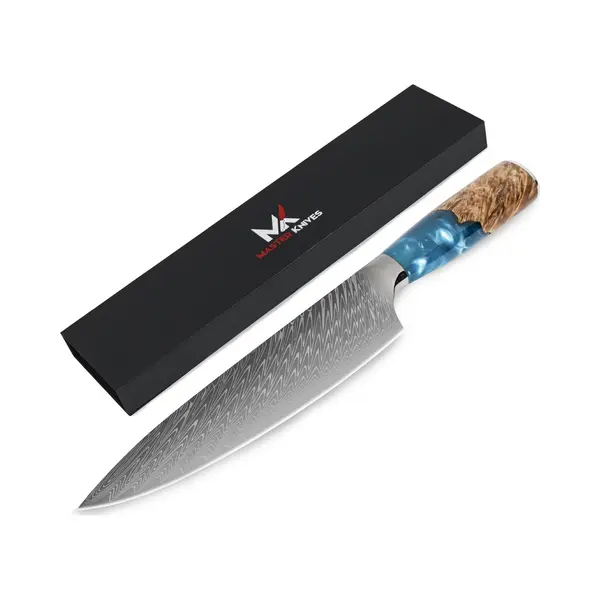 Master Knives Professioneel Japans Koksmes 20 Cm - Keukenmessen Van Hoogwaardig Damascus Patroon - Epoxy Houten Handvat Koksmessen thumbnail