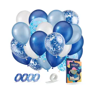 Fissaly 40 Stuks Blauw, Wit & Donkerblauw Helium Ballonnen Met Lint – Verjaardag Versiering Decoratie – Papieren Confetti – Latex