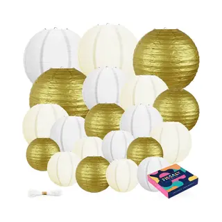 Fissaly 20 Stuks Lampionnen Set Versiering Goud, Beige & Wit – Feest Decoratie – Bruiloft, Trouwen & Verjaardag - Papier