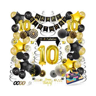 Fissaly 10 Jaar Verjaardag Decoratie Versiering - Ballonnen – Jongen & Meisje - Zwart En Goud