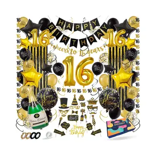 Fissaly Sweet 16 Jaar Zwart & Goud Verjaardag Decoratie Versiering - Helium, Latex & Papieren Confetti Ballonnen