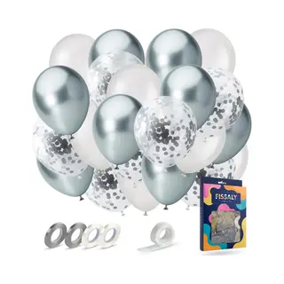 Fissaly 40 Stuks Zilver, Wit & Zilveren Papieren Confetti Helium Latex Ballonnen Met Accessoires – Metallic Chrome - Decoratie