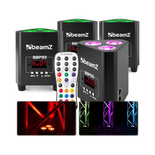 BeamZ BBP93 Akku Led Strahler 4er Set Uplight, 3x10 Watt Effektstrahler, Rgb Led Spot, Bühnenbeleuchtung, Lichteffekte, Fernbedienung, Disco Licht,