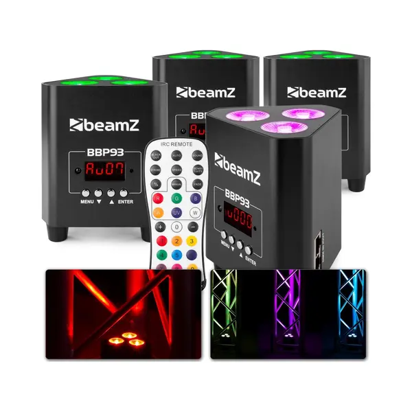 BeamZ BBP93 Akku Led Strahler 4er Set Uplight, 3x10 Watt Effektstrahler, Rgb Led Spot, Bühnenbeleuchtung, Lichteffekte, Fernbedienung, Disco Licht, thumbnail