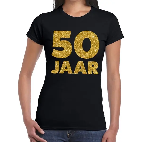 Bellatio Decorations 50 Jaar Verjaardag T-shirt - Zwart - Voor Dames - Gouden Glitter Print - Jubileum M thumbnail