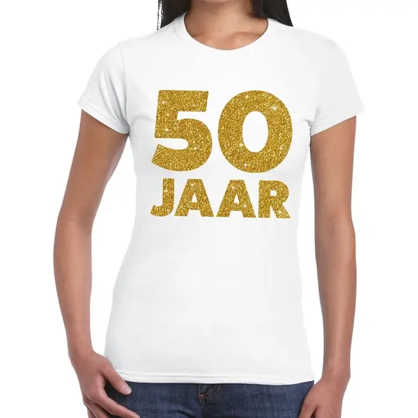Bellatio Decorations 50 Jaar Verjaardag T-shirt - Wit - Voor Dames - Gouden Glitter Print - Jubileum S thumbnail
