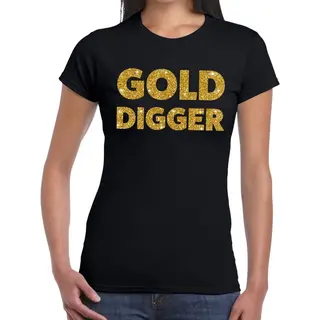 Bellatio Decorations Gold Digger - Glitter Tekst Goud - T-shirt - Zwart - Dames - Kleding - Foute Party - Bling Xxl