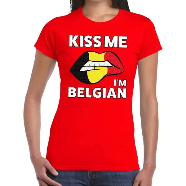 Bellatio Decorations Kiss Me I Am Belgian T-shirt Rood Dames - Feest Shirts Dames - Belgie Kleding Xl thumbnail
