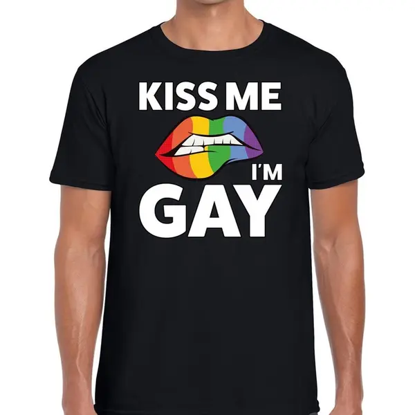 Bellatio Decorations Kiss Me I Am Gay T-shirt - Zwart - Voor Heren - Gay Pride Kleding - Katoen - Korte Mouwen Xl thumbnail