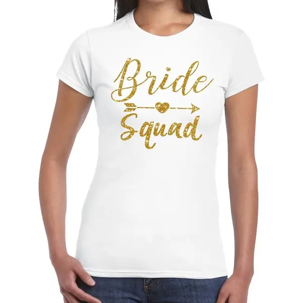 Bellatio Decorations Vrijgezellenfeest Bride Squad Cupido Goud Glitter T-shirt Wit Dames - Vrijgezellenfeest Kleding L thumbnail