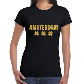 Bellatio Decorations Amsterdam Gouden Glitter Tekst T-shirt Zwart Dames - Dames Shirt Amsterdam S