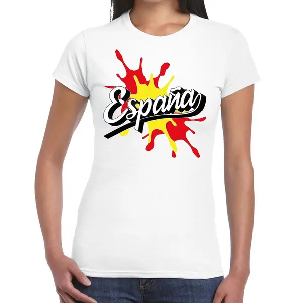 Bellatio Decorations Landen T-shirt - Espana - Spanje - Spetter Print - Wit - Voor Dames - Supporters Kleding Xs thumbnail