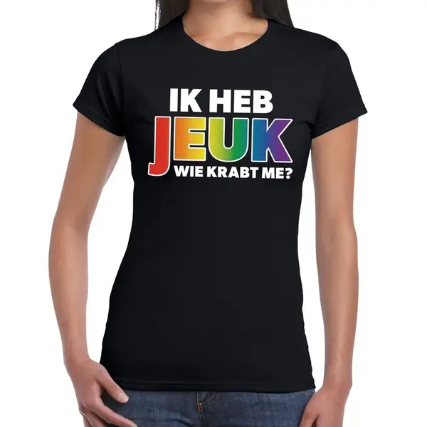 Bellatio Decorations Ik Heb Jeuk Wie Krabt Me Gaypride T-shirt Zwart Met Regenboog Tekst Voor Dames - Gay Pride/Lgbt Kleding L thumbnail