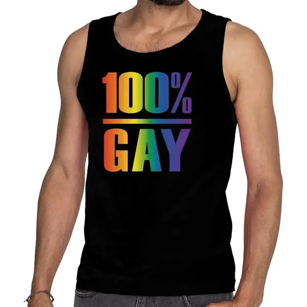 Bellatio Decorations 100% Gay Tanktop/mouwloos Shirt - Zwart Regenboog Singlet Voor Heren - Gay Pride S thumbnail