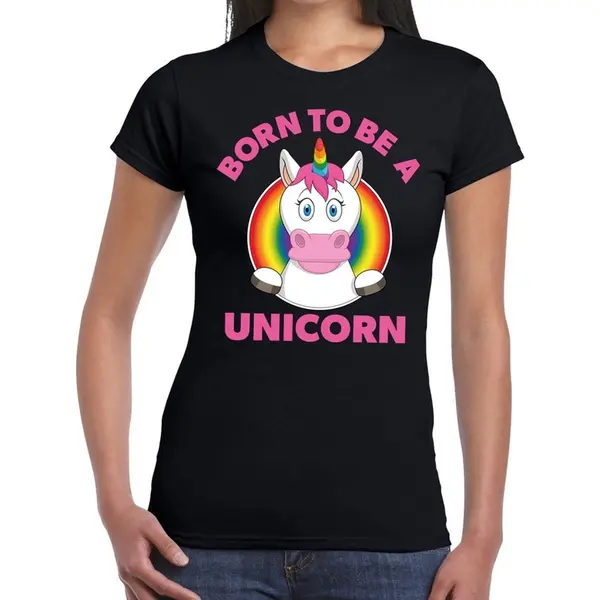 Bellatio Decorations Born To Be A Unicorn Gay Pride T-shirt - Zwart Regenboog Shirt Voor Dames - Gay Pride L thumbnail