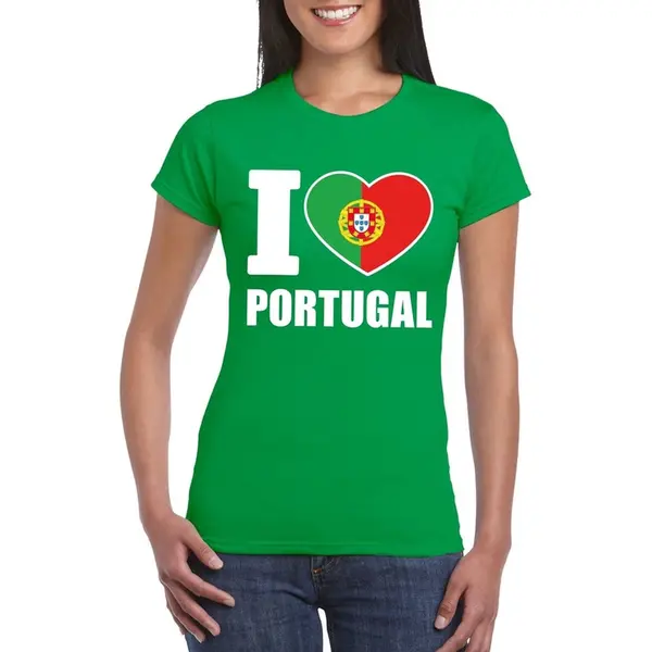 Bellatio Decorations Portugal Supporters Kleding T-shirt - Voor Dames - Groen - Met Vlag Kleuren Print - Korte Mouwen Xs thumbnail